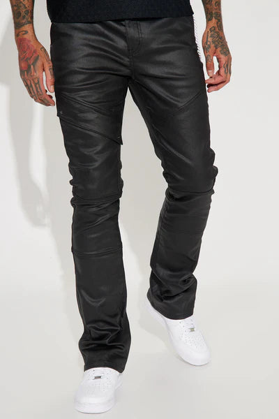 Beg For Me Coated Stacked Skinny Flare Pants - Black