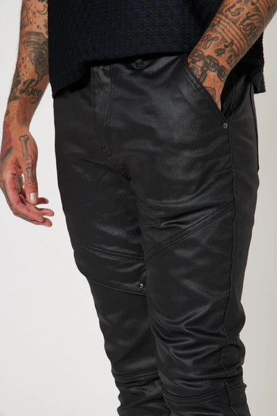 Beg For Me Coated Stacked Skinny Flare Pants - Black