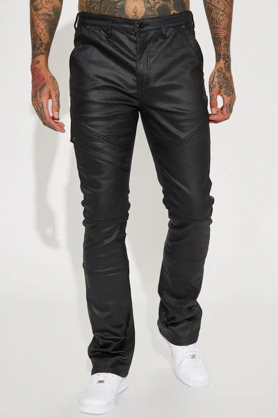 Beg For Me Coated Stacked Skinny Flare Pants - Black