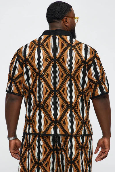 Cropped Relaxed Triangles Knit Closed Collar Shirt - Black/combo