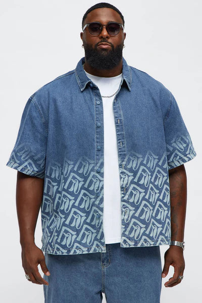 Boxy Cropped Chateau Monogram Denim Shirt - Light Blue Wash