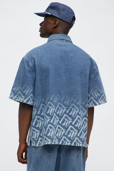 Boxy Cropped Chateau Monogram Denim Shirt - Light Blue Wash
