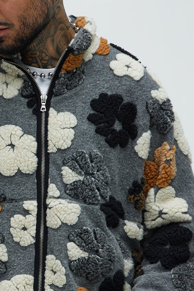 Sherpa Tears Oversized Zip Jacket - Grey/combo