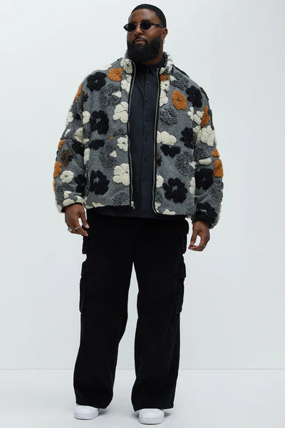 Sherpa Tears Oversized Zip Jacket - Grey/combo