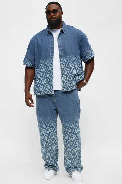 Boxy Cropped Chateau Monogram Denim Shirt - Light Blue Wash