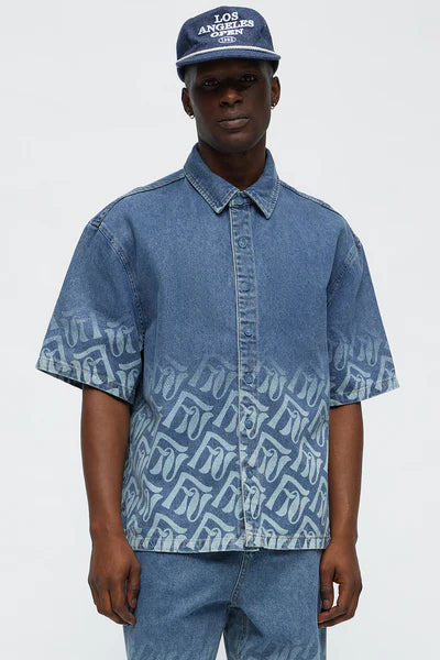 Boxy Cropped Chateau Monogram Denim Shirt - Light Blue Wash