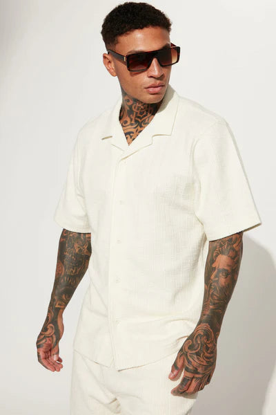 Dean Textured Short Sleeve Button Up Shirt - Cream